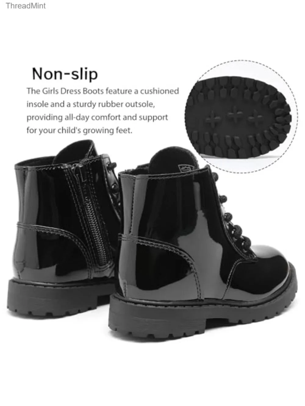 Girls Faux Leather Combat Ankle Boots with Side Zipper, Waterproof, Low Heel